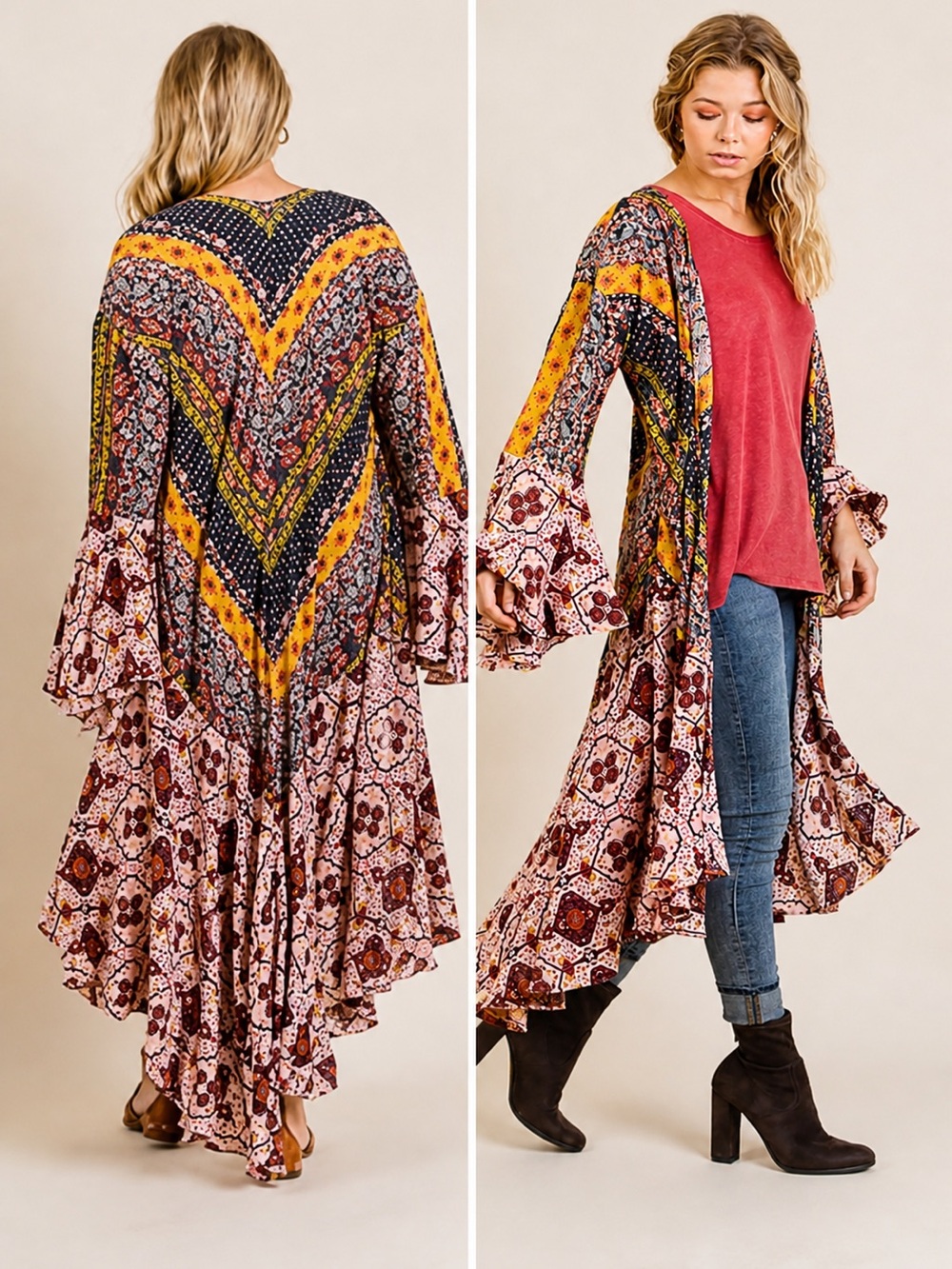 Boho Patchwork Kimono Duster Small Cardigan Bell Sleeve High Low Hem Festival
